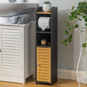 Toilet Paper Holder Stand: Small Bathroom Storage Cabinet - Black - Bamboo