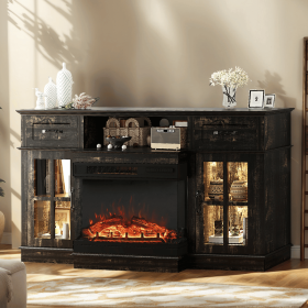 58-inch Black Gold Oak Electric Fireplace TV Stand - 2 Doors, 2 Drawers & Display Shelf with Lattice Glass, Compatible with 24" 3-Sided Glass Ins