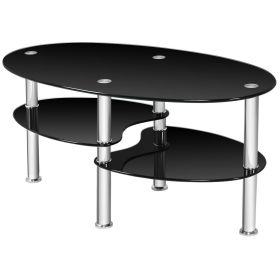 Tempered Glass Oval Side Coffee Table (Color: Black)