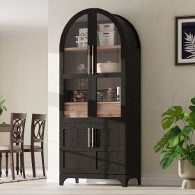 71" Tall Arched Kitchen Pantry Cabinet with Door Shelves, Farmhouse Storage Cabinet with Open & Adjustable Shelves, Hidden Drawer & Glass (Color: Brown)